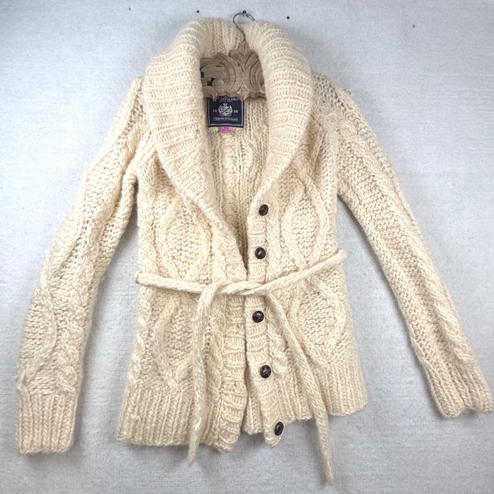 Y2K PINK Cream 100% Wool Cable Knit Belted Cardigan Sweater M Grandpa prepy